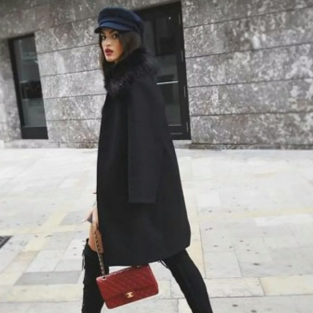 Zara Black Wool Cape Coat Faux Fur Collar XS
